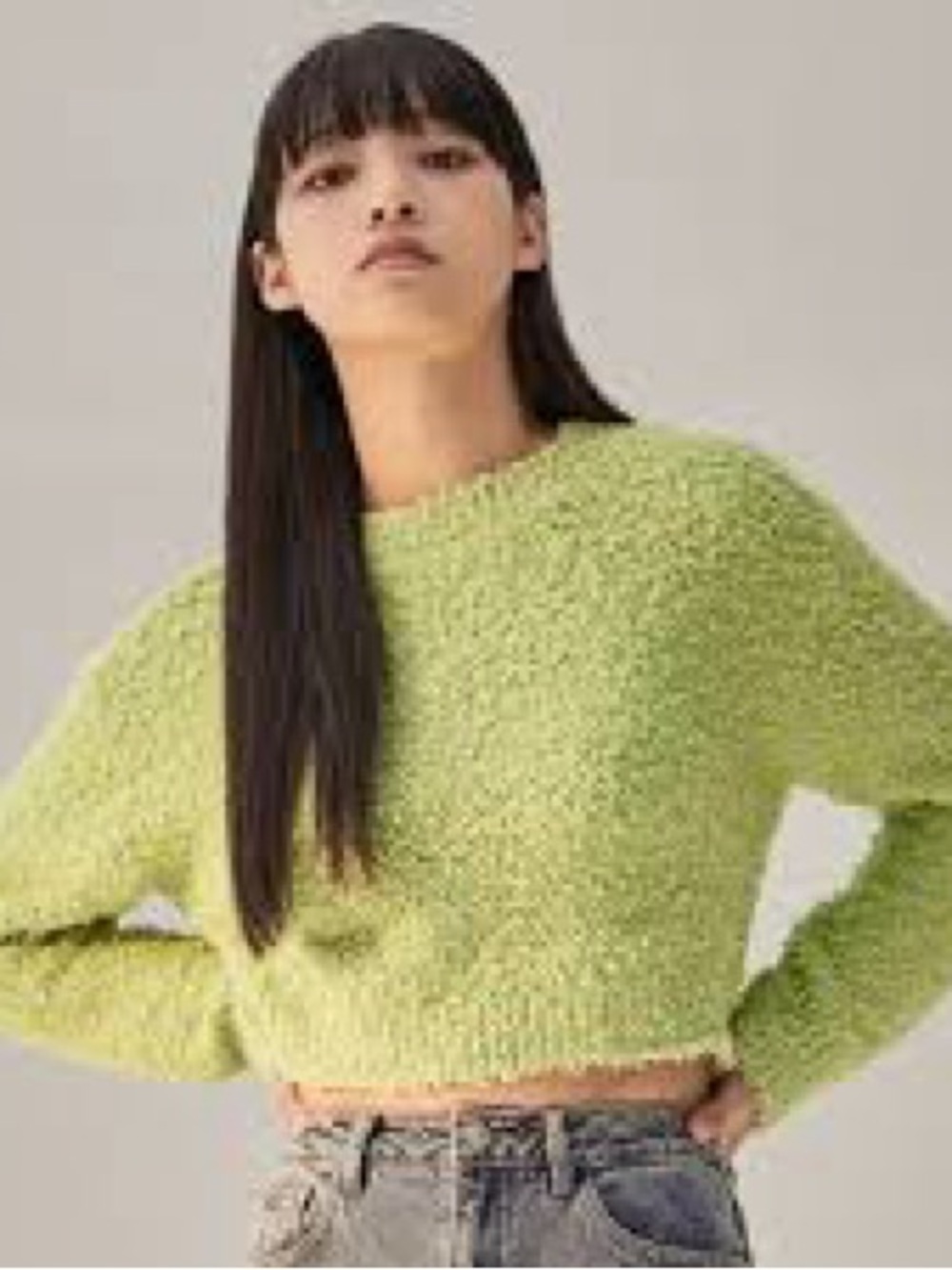 Urban Outfitters Fuzzy Cropped Crew Sweater - Light Lime